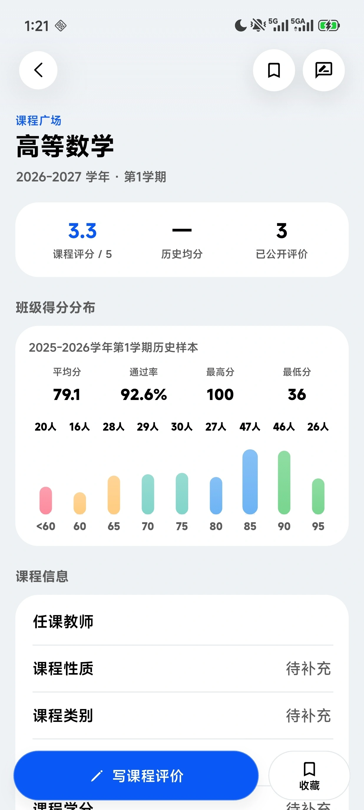课程成绩分布、平均分与通过率